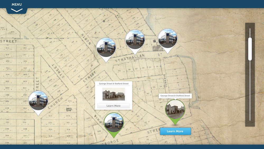Streets of old Tamaru map, user interface design for the South Canterbury Museum