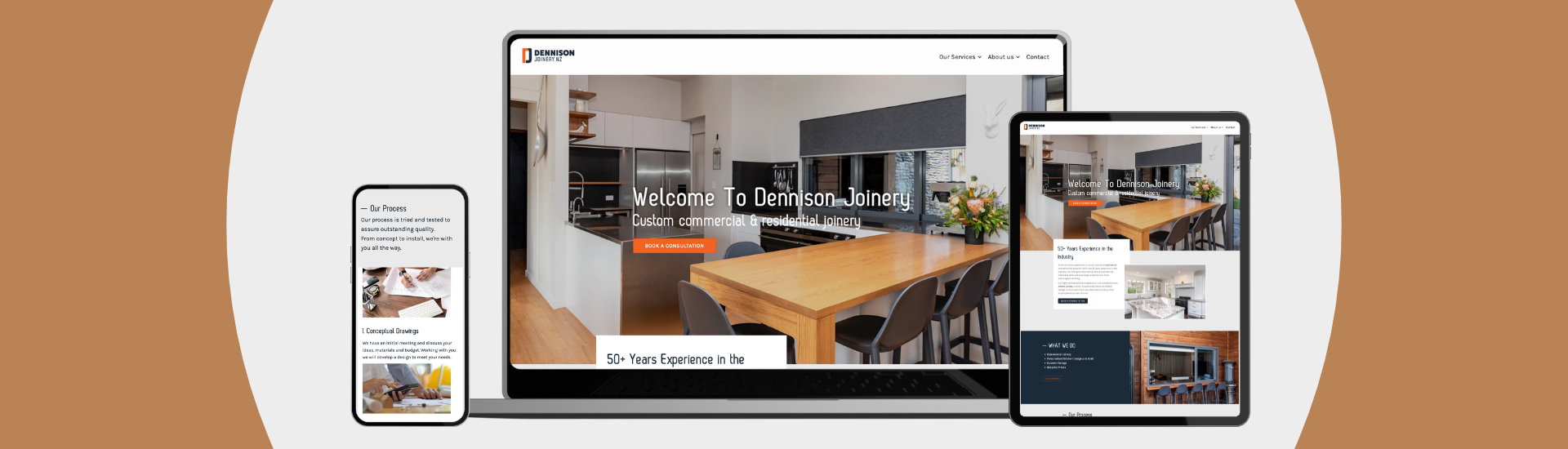 Hero Image Dennison Dennison Joinery Timaru website mockup on devices.
