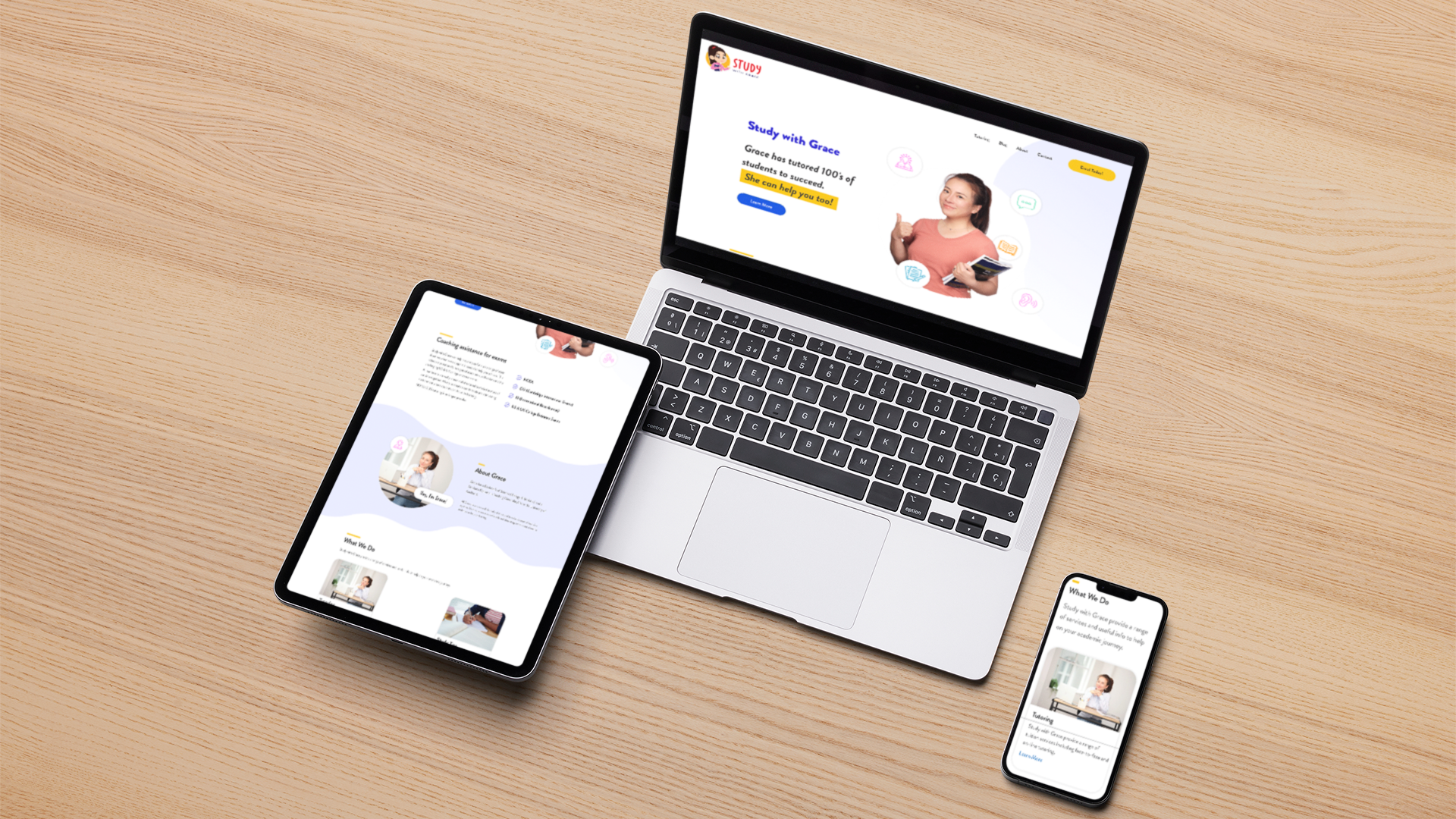 Study With Grace multiple device website mockup on oak table.
