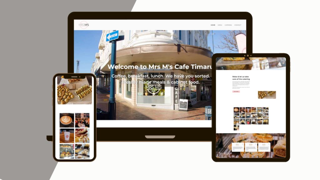 Mrs M's Cafe Timaru website mockup on devices.