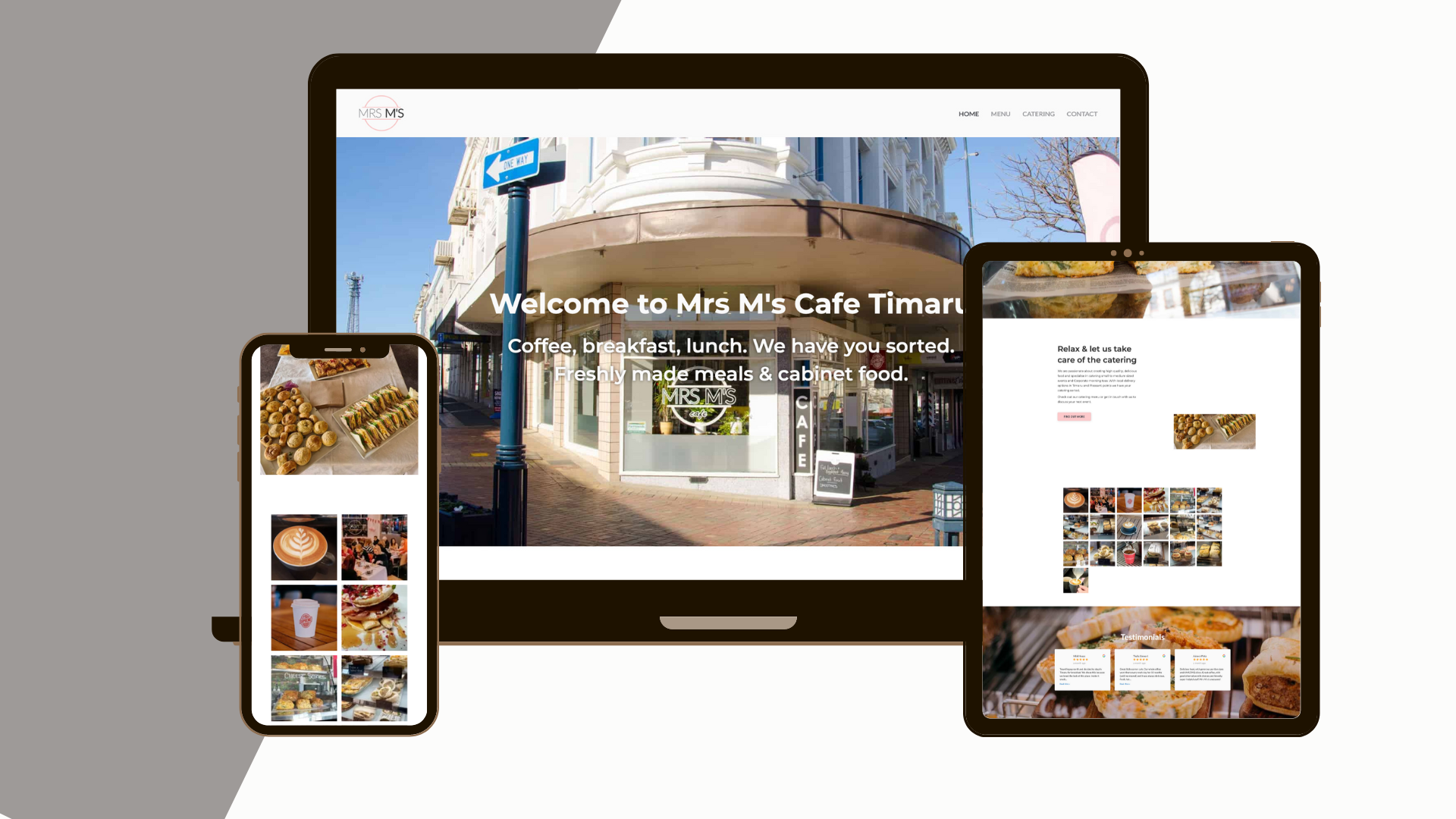 Mrs M's Website Hero Mrs M's Cafe Timaru website mockup on devices.
