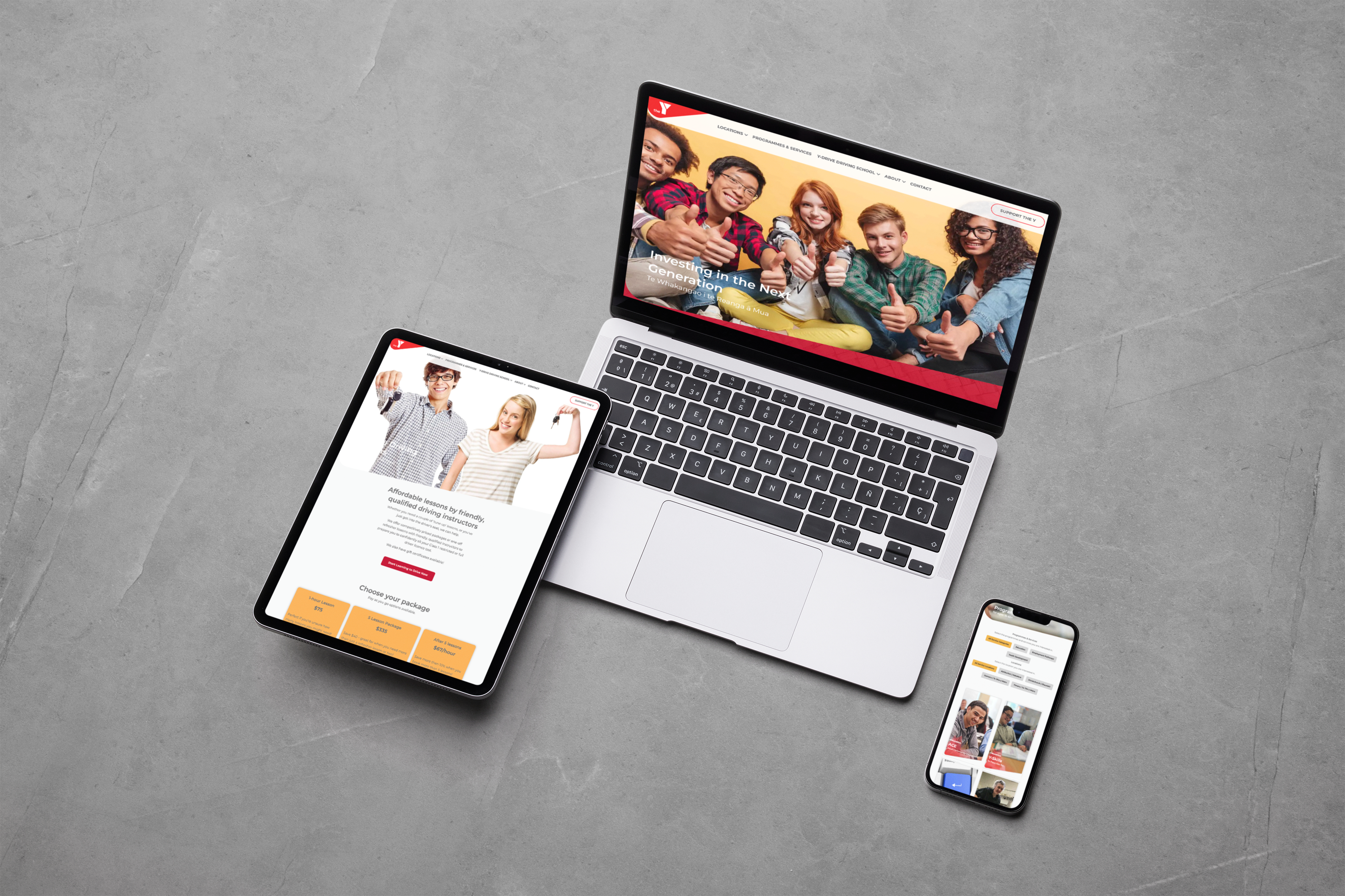 YMCA South Canterbury website mockup on multiple devices.