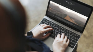 Blogger typing onto a computer screen