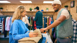 Woman Buying Clothes From Male Sales Assistant Using Barcode Scanner At Cash Desk In Fashion Store